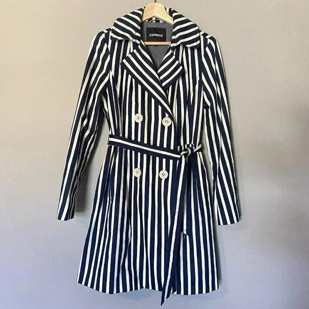 Express‎ Women's S Blue White Striped Pleated Back Trench Coat Size Small Preppy